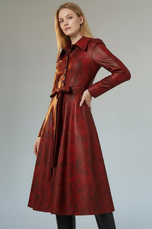 Scarlett Stitch red faux leather midi dress with distressed finish, pointed collar, button-down front, and matching belt.