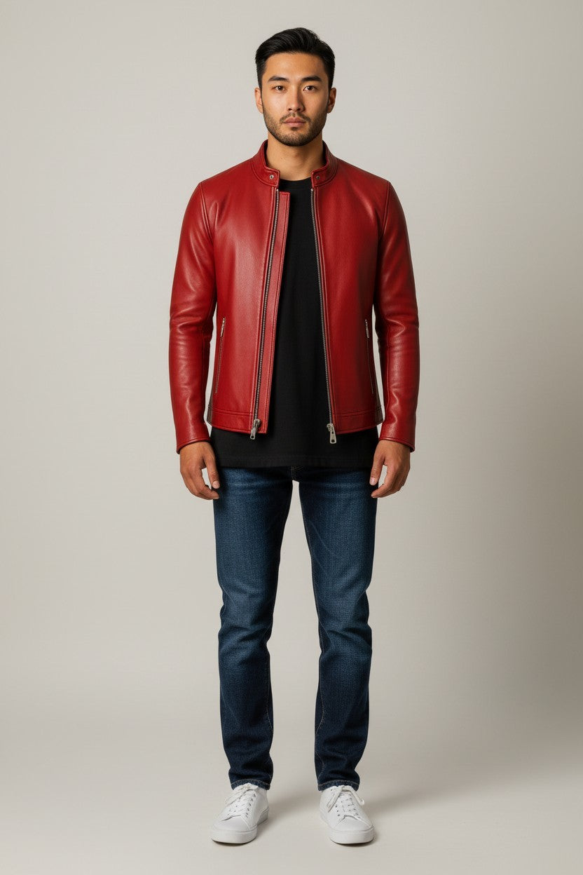 Scarlett Stitch Men's red faux leather motorcycle jacket with stand-up collar and zip pockets.