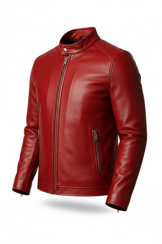 Scarlett Stitch men's red faux leather motorcycle jacket with stand-up collar and zippered pockets.