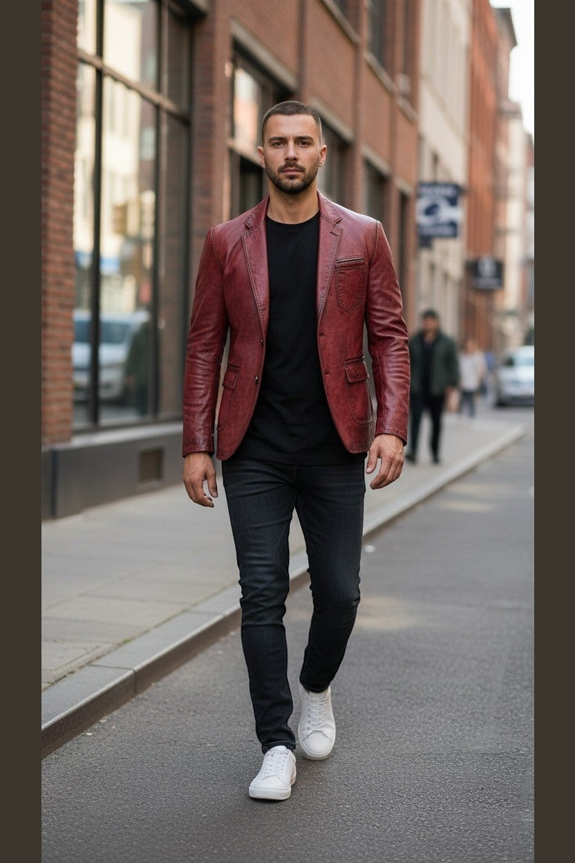 Scarlett Stitch Men's distressed red leather blazer jacket with notched lapels and two-button closure.