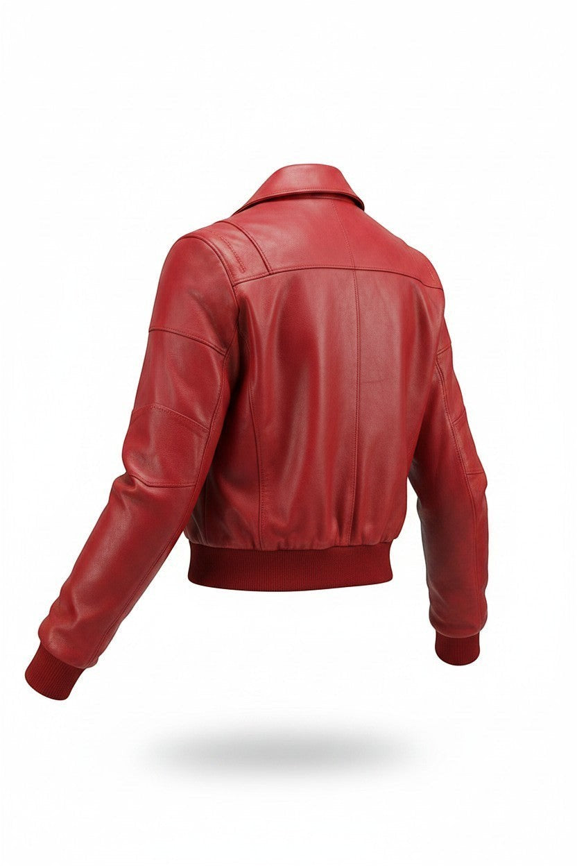 Scarlett Stitch women's red leather bomber jacket with folded collar, zip-front, and ribbed cuffs/hem.
