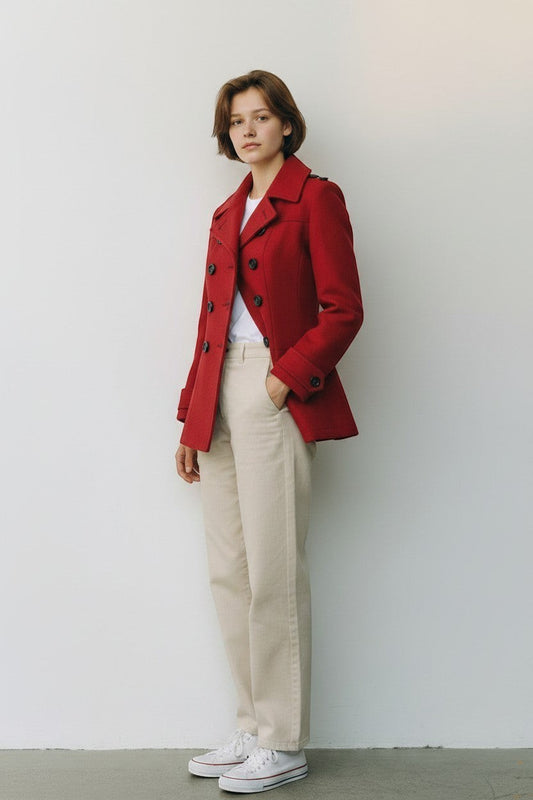 Scarlett Stitch red wool blend double-breasted peacoat with notched lapel, epaulets, and dark buttons.