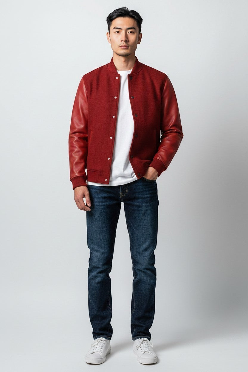 Scarlett Stitch deep red wool-blend varsity bomber jacket with matching red leather sleeves and snap-button front.