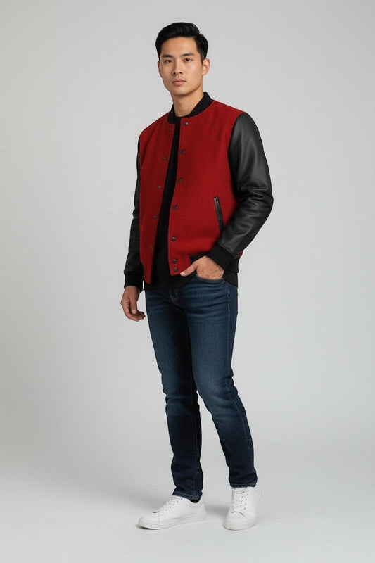 Scarlett Stitch red wool blend varsity bomber jacket with black faux leather sleeves and ribbed trim.