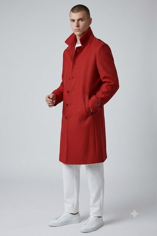 Scarlett Stitch Men's red wool-blend military-style overcoat with button-down front and epaulets.
