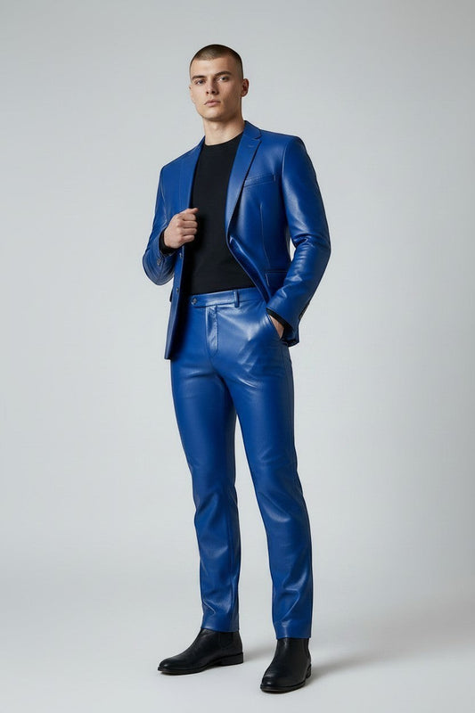 Man wearing a royal blue Scarlett Stitch faux leather tailored suit jacket with notch lapels and two-button closure.