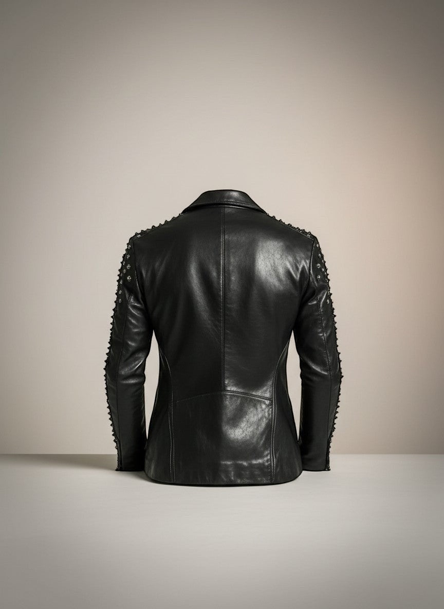 Scarlett Stitch black leather motorcycle jacket for men with silver-toned stud detailing on shoulders and sleeves.