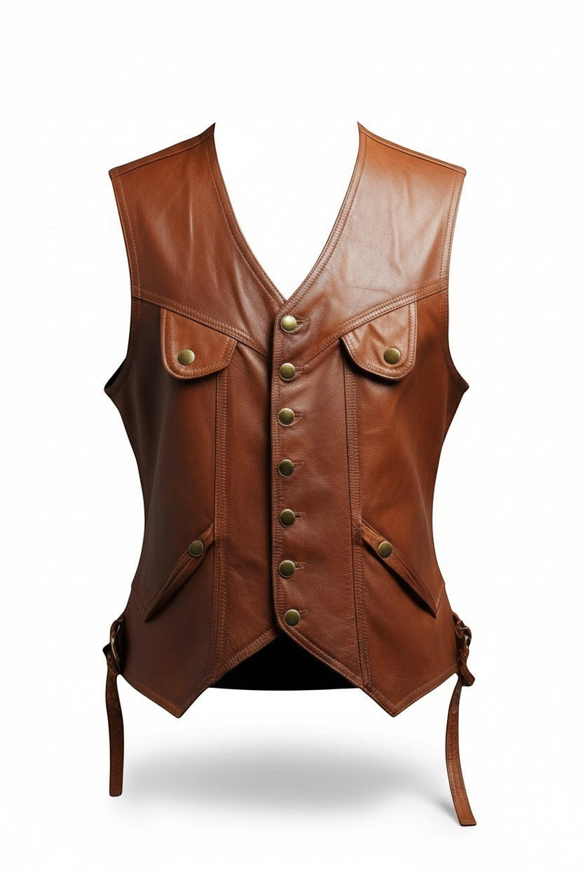 Scarlett Stitch tan leather vest with button-front closure, utility pockets, and adjustable side straps.