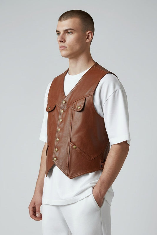 Model wearing a tan Scarlett Stitch leather button-front vest with utility pockets over a white t-shirt.