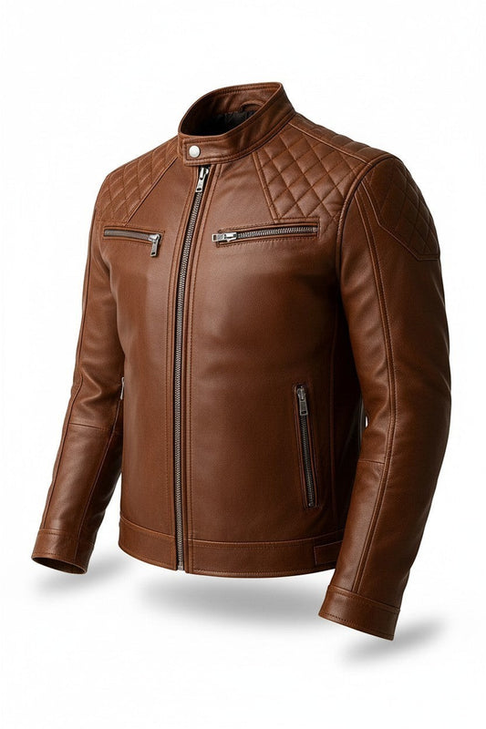Scarlett Stitch men's tan leather biker jacket with quilted shoulders, mandarin collar, and silver-tone zip pockets.