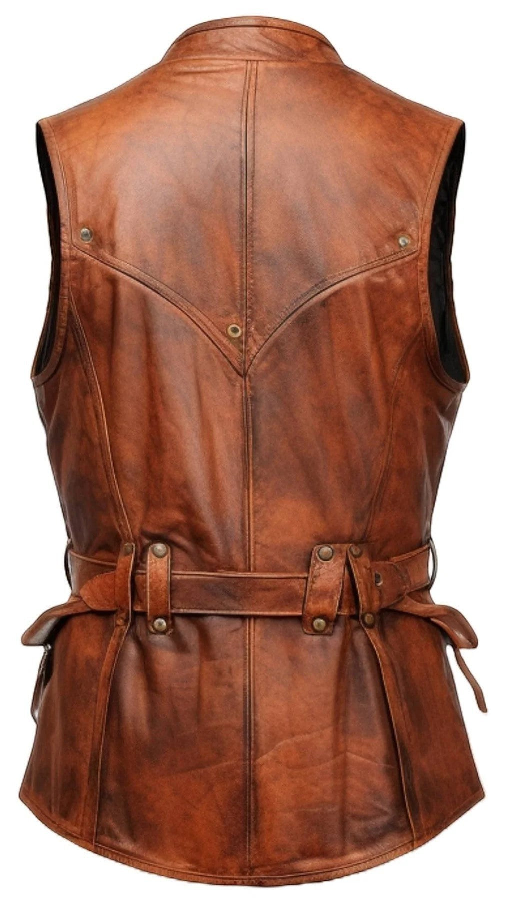Scarlett Stitch vintage style brown distressed leather utility vest with adjustable waist belt and metal hardware.
