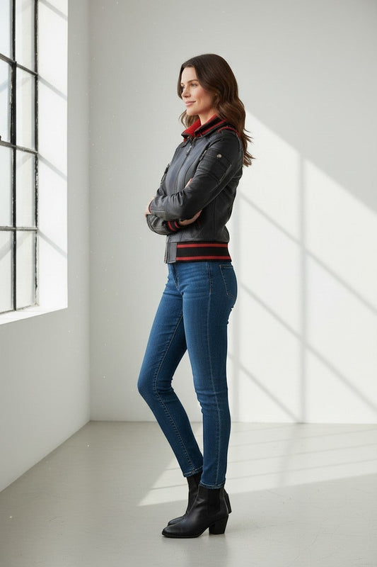 Scarlett Stitch women's black leather bomber jacket with red ribbed collar, cuffs, and hem. Full zip, zippered pockets.