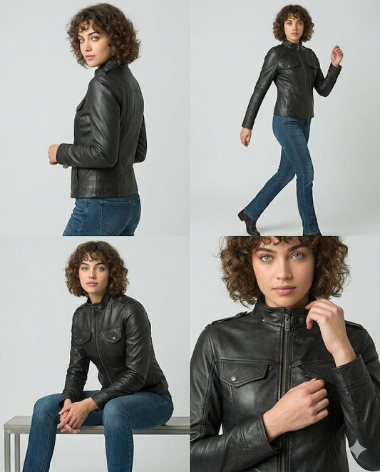 Scarlett Stitch Women's black faux leather moto jacket with zippered pockets and snap-button collar. Fitted silhouette.
