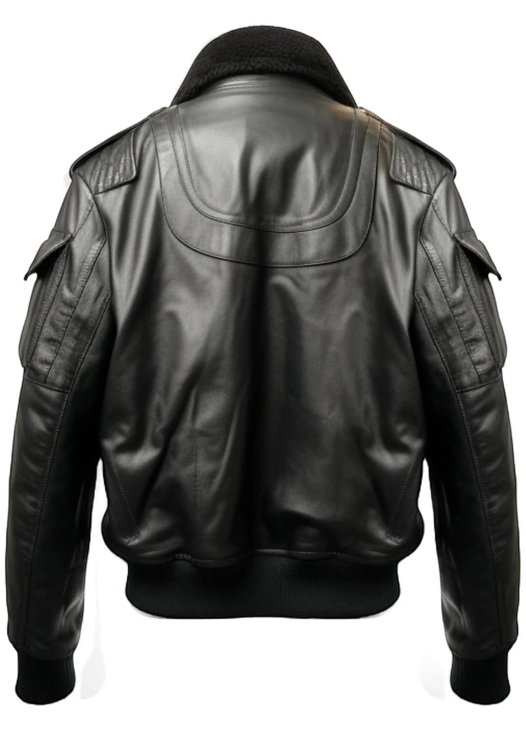 Scarlett Stitch black leather bomber jacket for men with faux fur collar, ribbed cuffs, and zippered sleeve pockets.