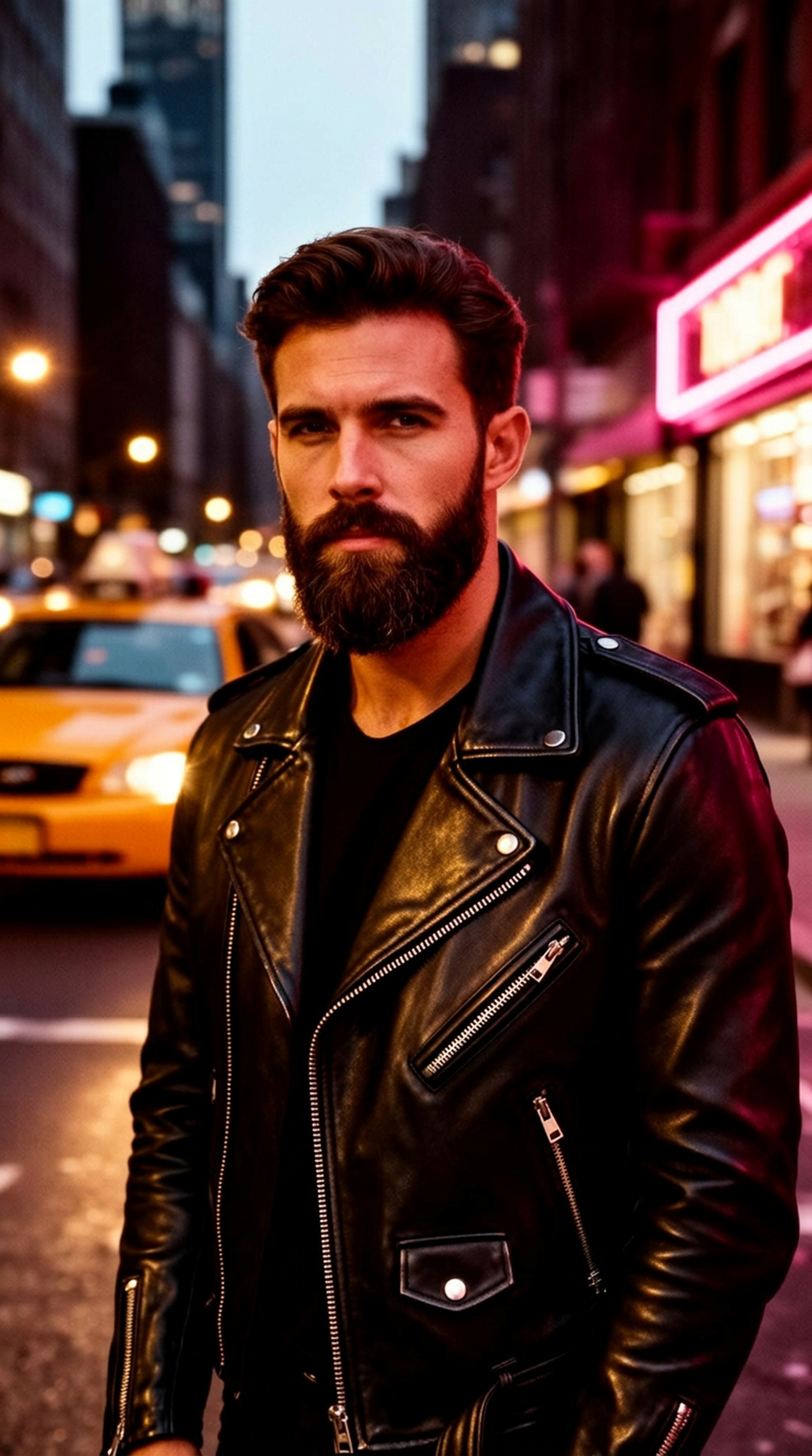 Man in black leather biker jacket on a New York street at dusk