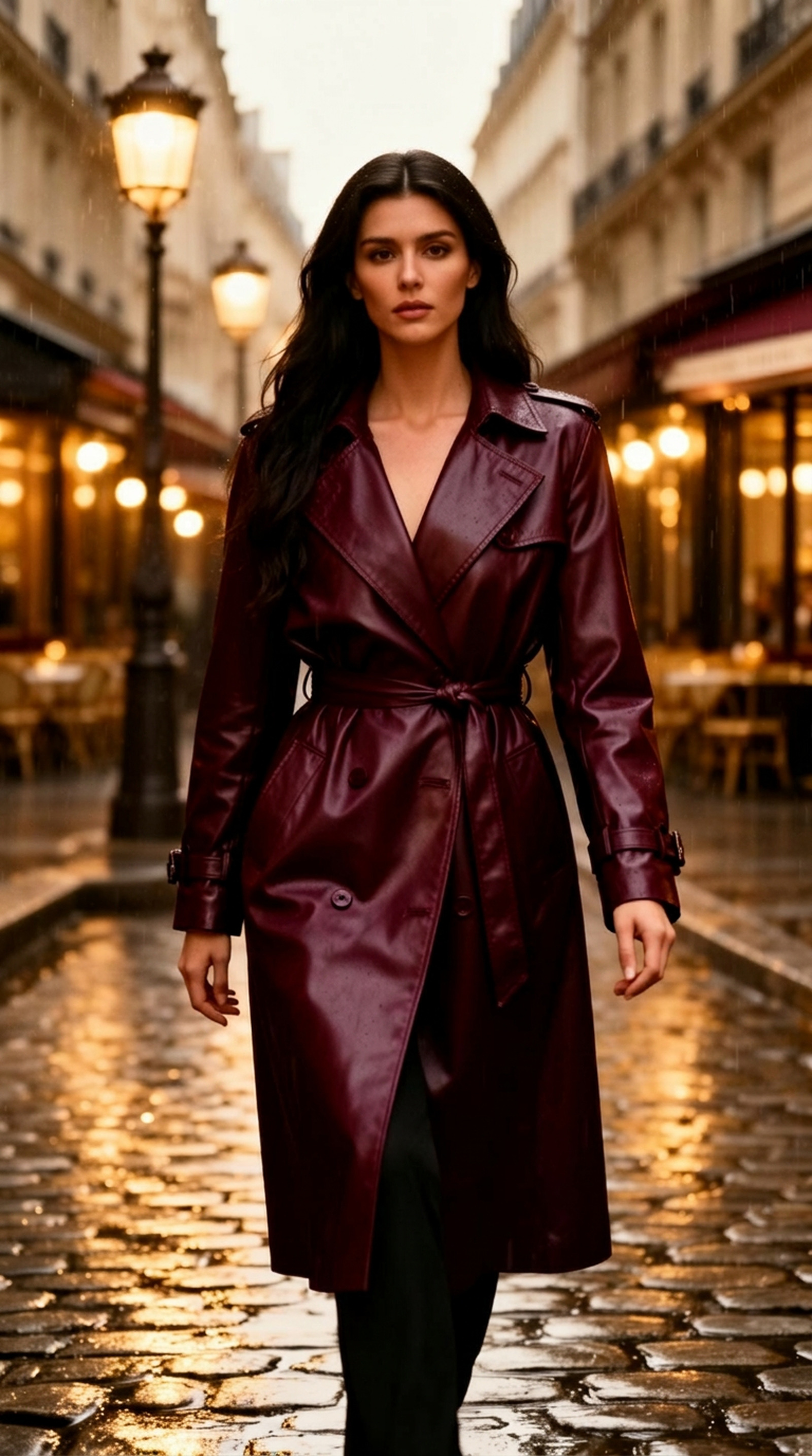 Woman in burgundy leather trench coat on a rainy Parisian street