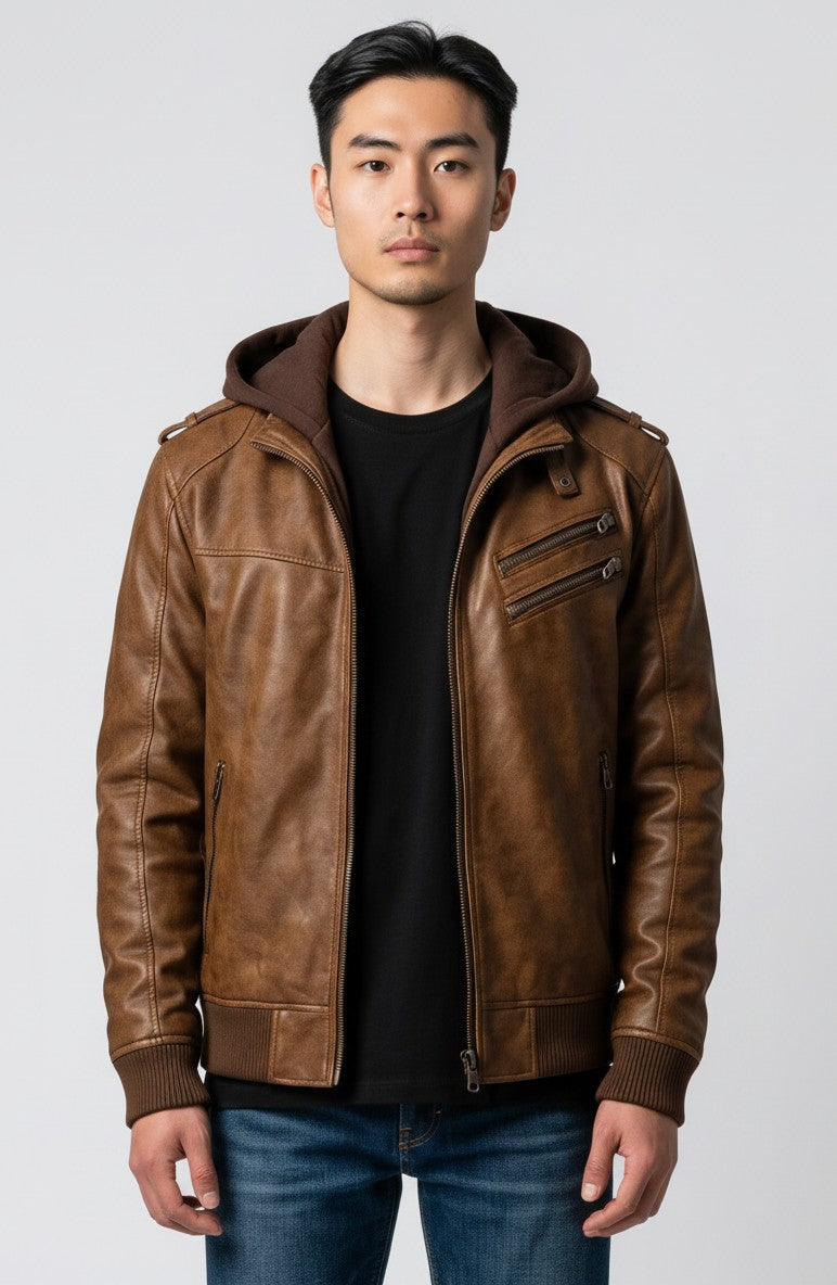 Men Distressed Brown Hooded Leather Jacket