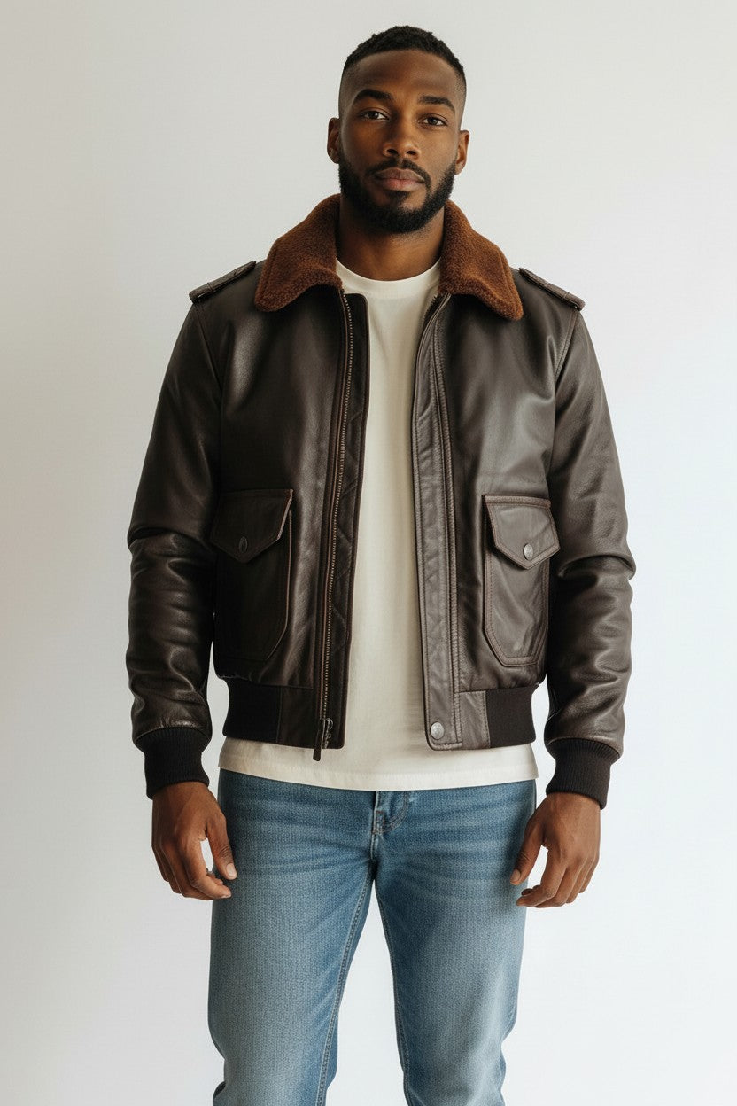 Aviator Men Flight Bomber Leather Jacket