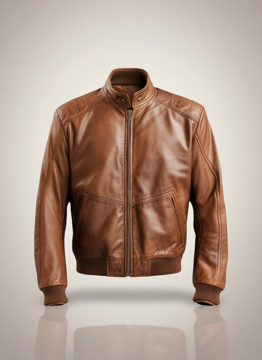 Men Brown Bomber Leather Jacket - Brown Bomber Leather Jacket