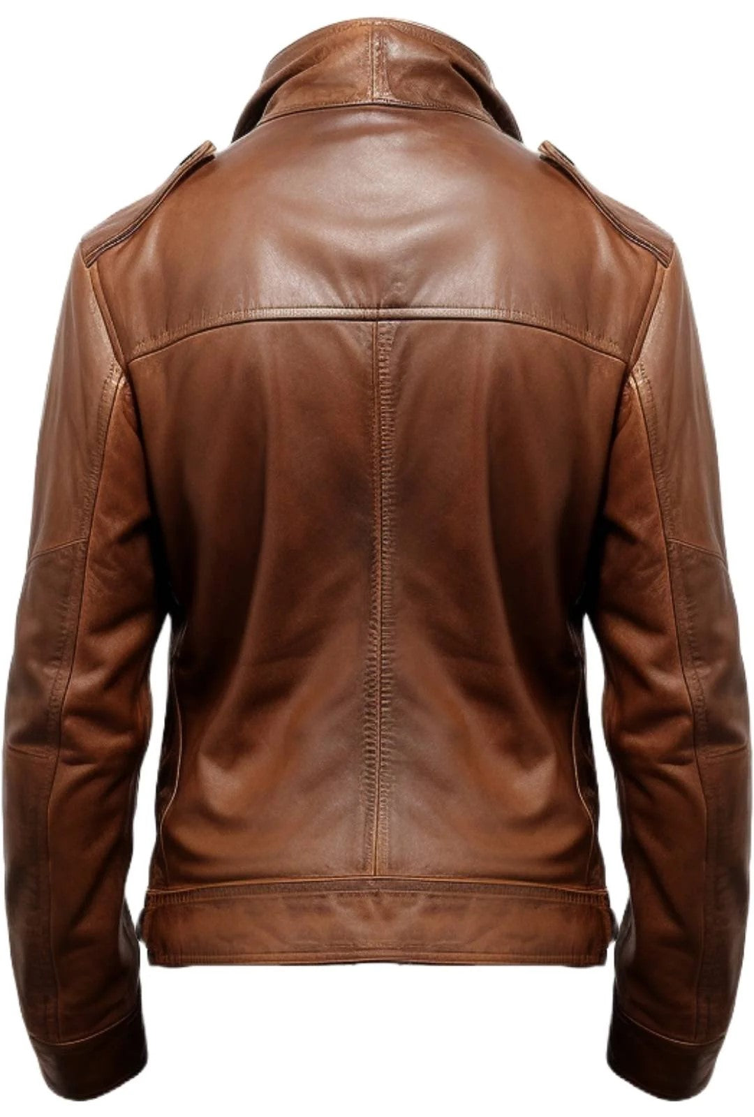 Men Brown Strap Pockets Leather Jacket - Men Brown Leather Jacket