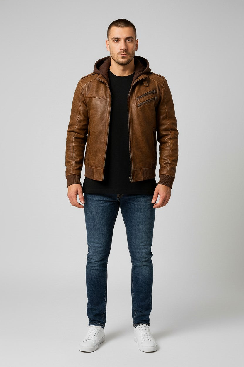 Men Distressed Brown Hooded Leather Jacket