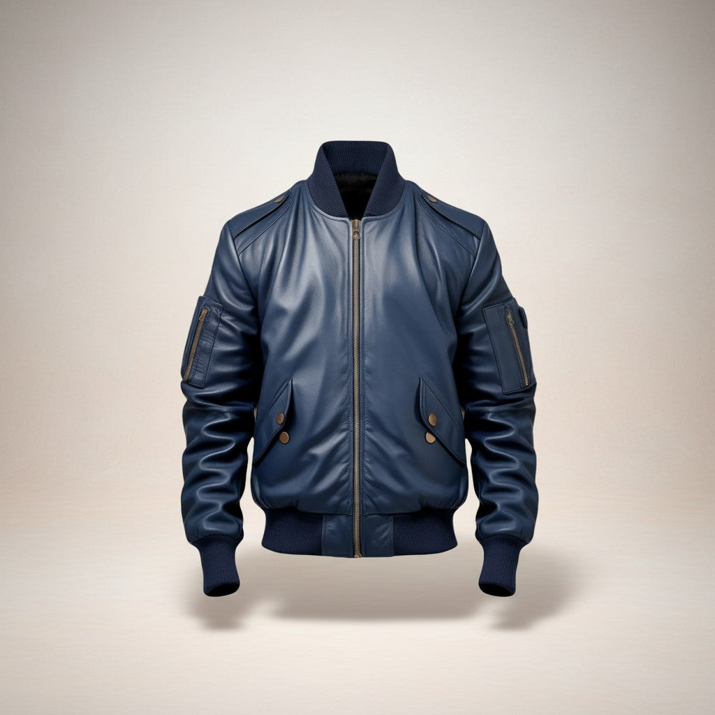 Men Flight Bomber Blue Leather Jacket - Bomber Leather Jacket