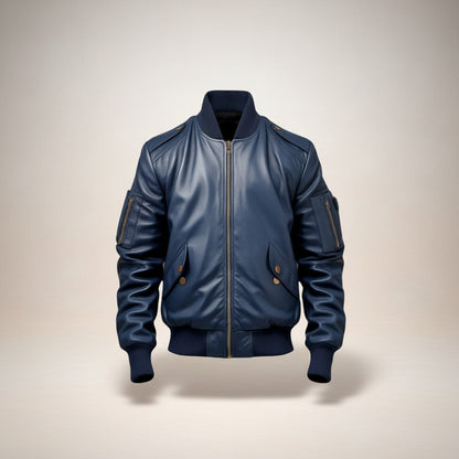 Men Flight Bomber Blue Leather Jacket - Bomber Leather Jacket