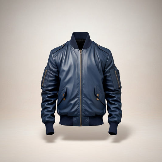 Men Flight Bomber Blue Leather Jacket - Bomber Leather Jacket