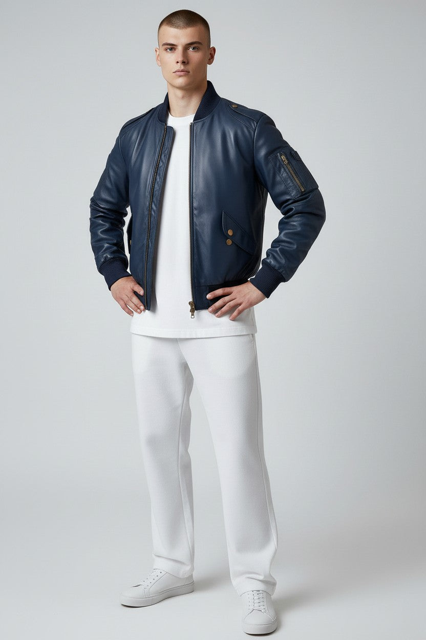 Men Flight Bomber Blue Leather Jacket - Bomber Leather Jacket
