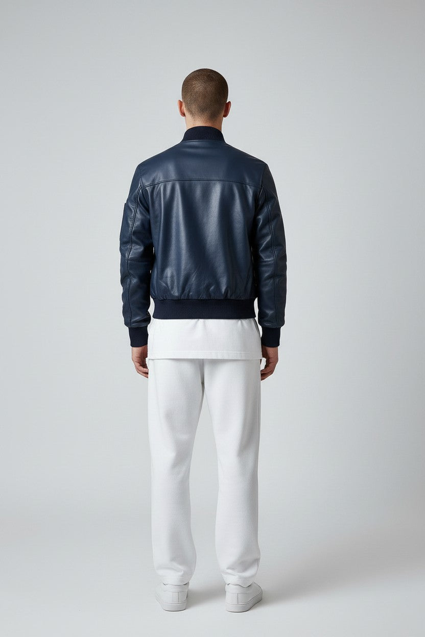 Men Flight Bomber Blue Leather Jacket - Bomber Leather Jacket