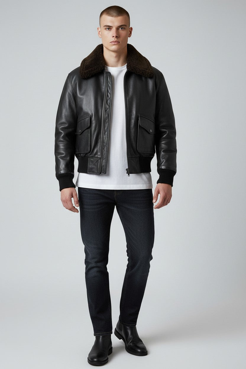 Men G1 Black Leather Flight Bomber Jacket