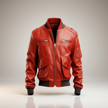 Men Red Leather Bomber Jacket