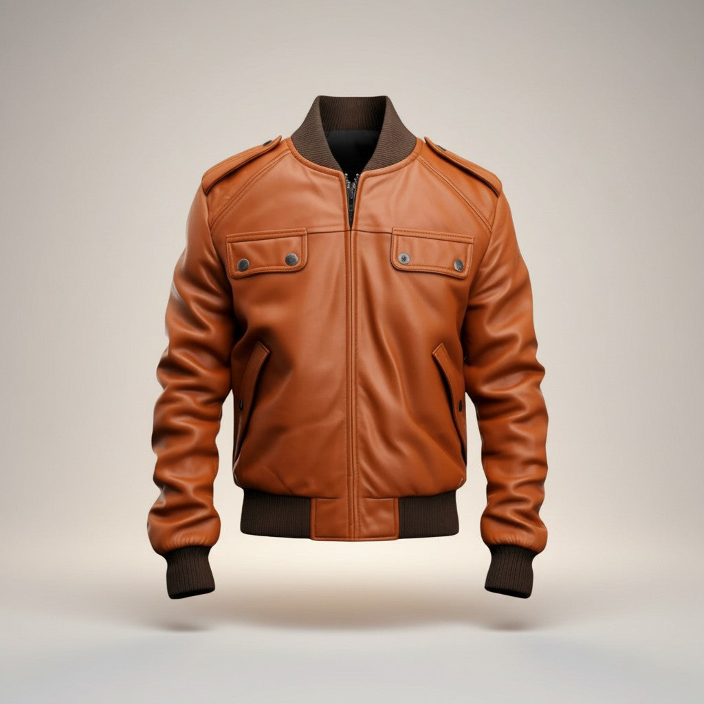 Men Strap Pocket Bomber Leather Jacket