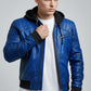 Men Stylish Blue Hooded Leather Jacket