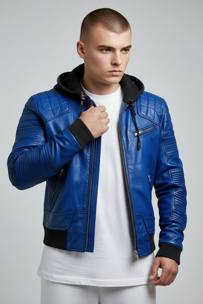 Men Stylish Blue Hooded Leather Jacket