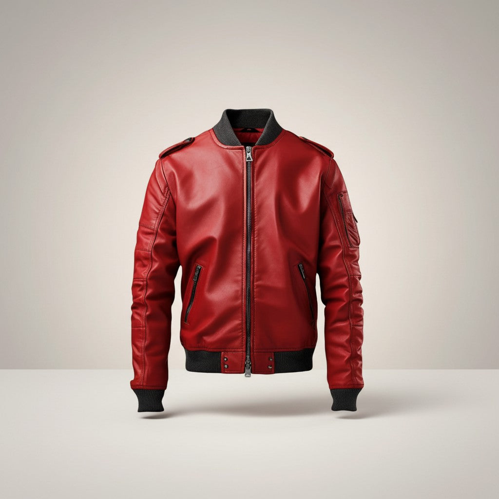 Men Stylish Red Bomber Leather Jacket