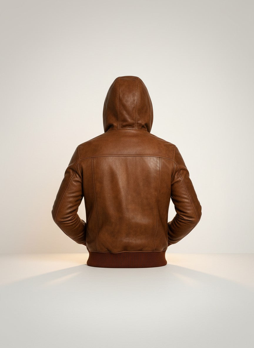 Men Vintage Distressed Brown Bomber Hooded Leather Jacket