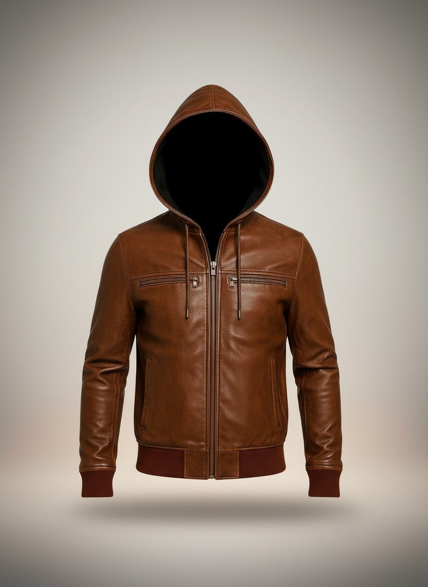 Men Vintage Distressed Brown Bomber Hooded Leather Jacket