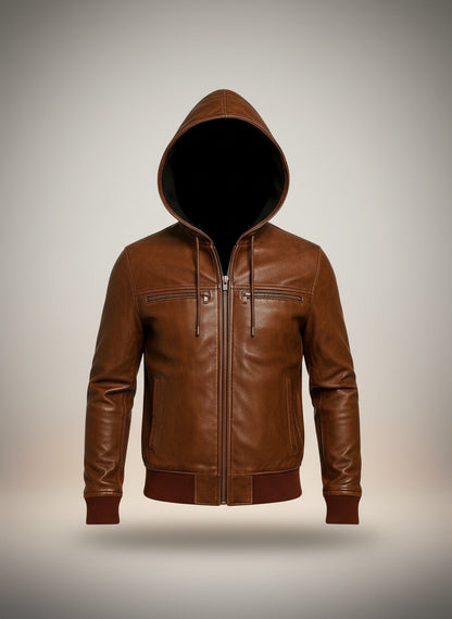 Men Vintage Distressed Brown Bomber Hooded Leather Jacket