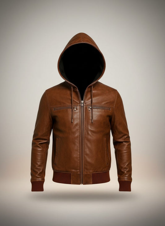 Men Vintage Distressed Brown Bomber Hooded Leather Jacket