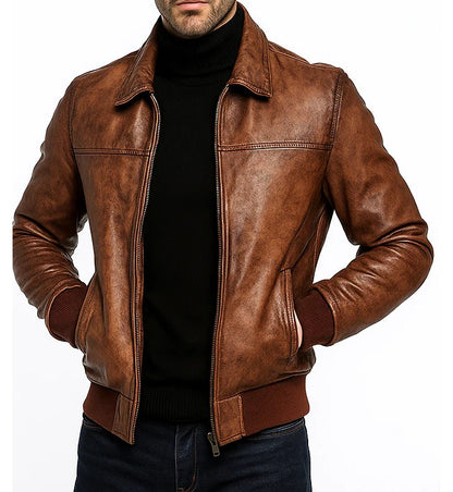 Men Vintage Distressed Brown Bomber Leather Jacket
