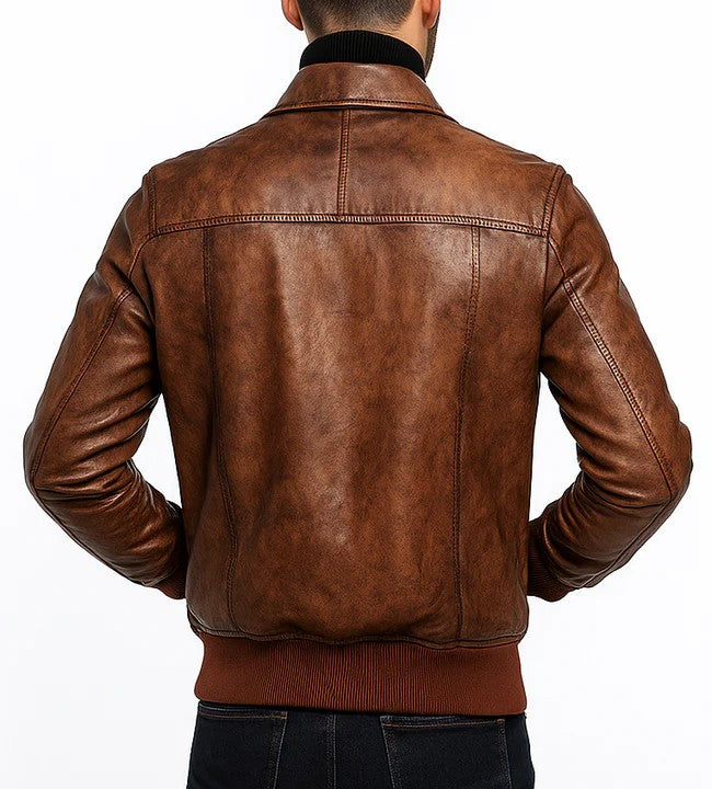Men Vintage Distressed Brown Bomber Leather Jacket