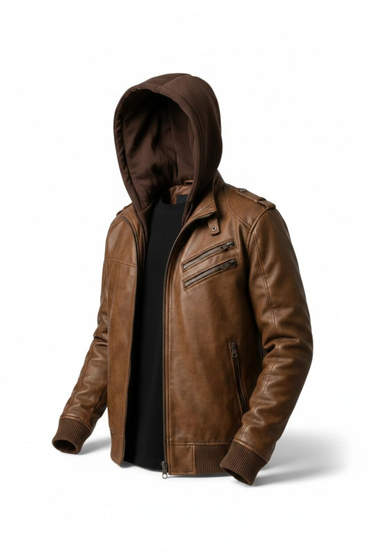 Men Distressed Brown Hooded Leather Jacket