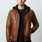 Men Vintage Distressed Brown Bomber Hooded Leather Jacket