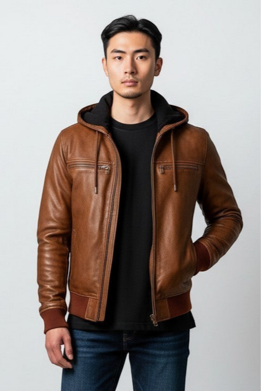 Men Vintage Distressed Brown Bomber Hooded Leather Jacket