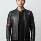 Men Black Biker Stripes Leather Jacket