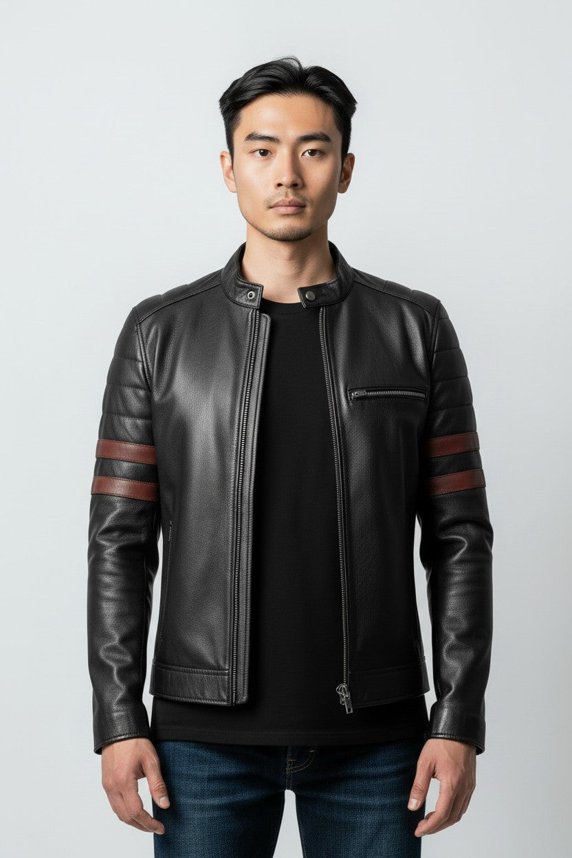 Men Black Biker Stripes Leather Jacket