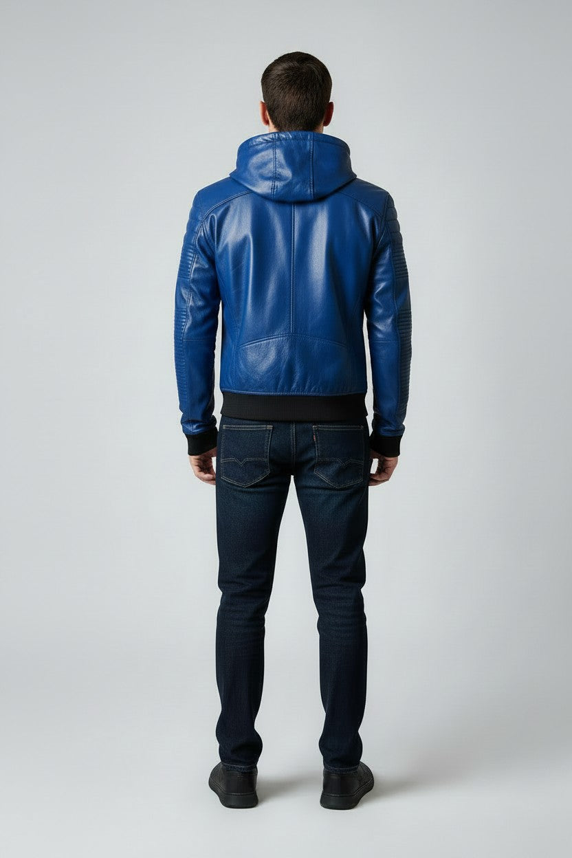 Men Stylish Blue Hooded Leather Jacket