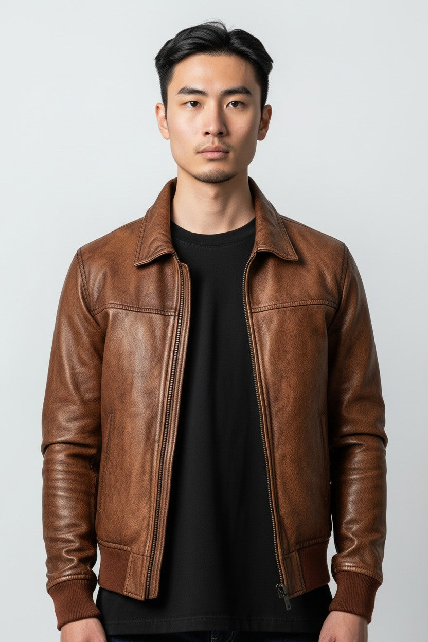 Men Vintage Distressed Brown Bomber Leather Jacket