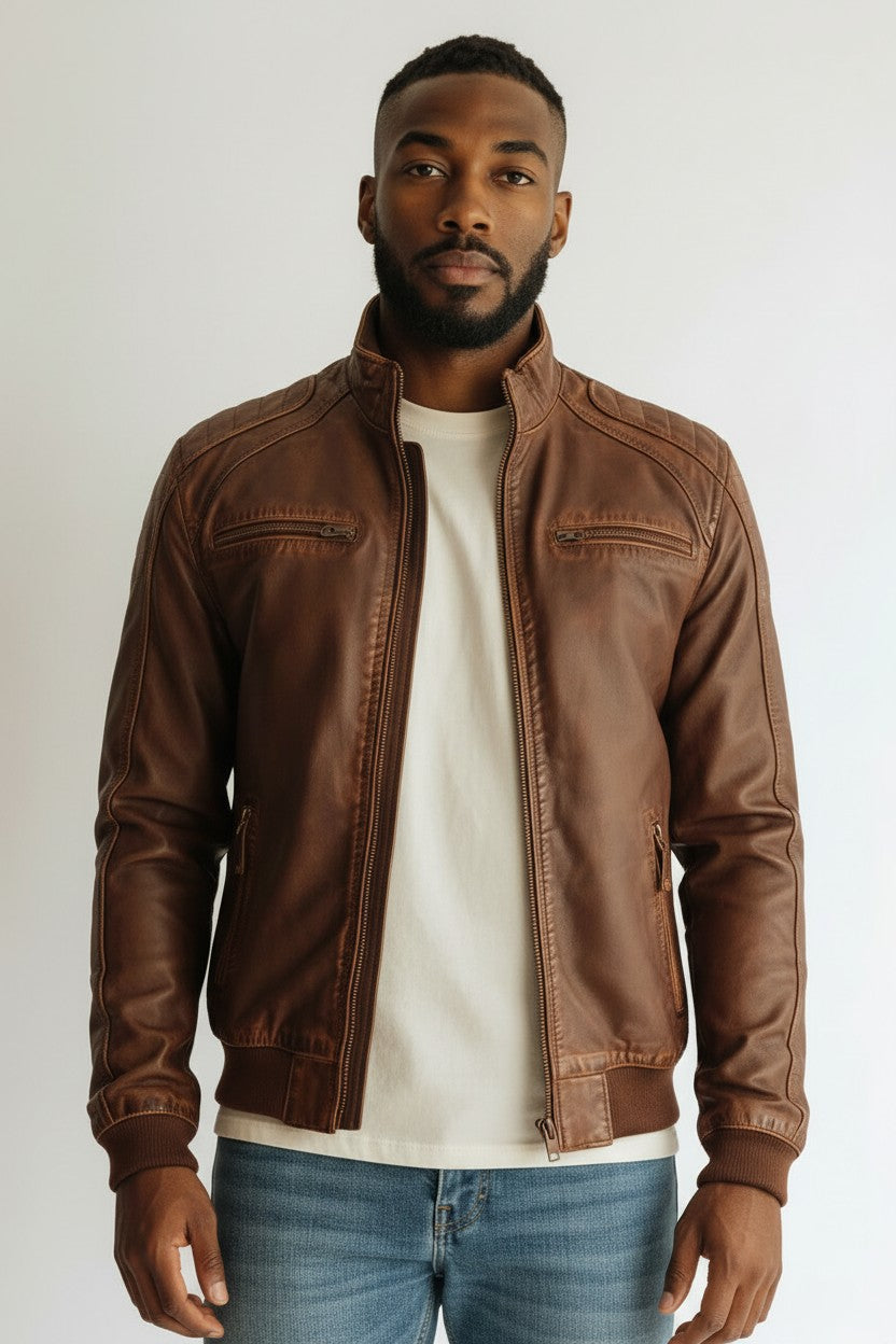 Men Dark Brown Leather Bomber Jacket - Brown Bomber Leather Jacket